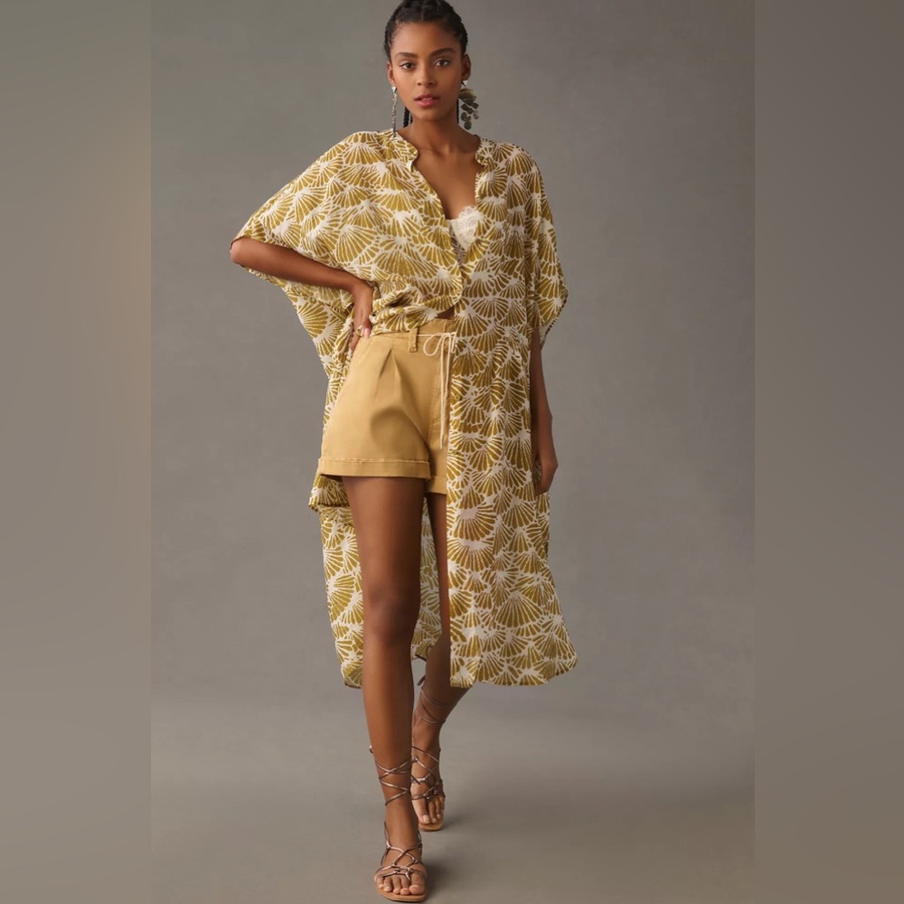 Anthropologie Chartreuse Boho Printed Sheer Kaftan Beach Coverup Dress